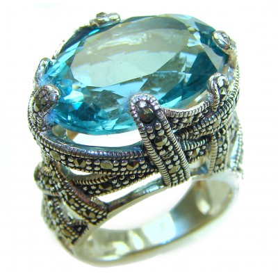 Massive Deep Blue 41.8 carat Aquamarine .925 Sterling Silver handcrafted Large ring size 8
