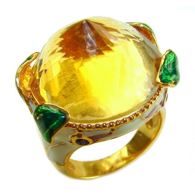 Natural 27.2 carat Brazilian Citrine white enamel .925 Sterling Silver dipped in 22K Gold handmade Statement Ring size 6 1/2
