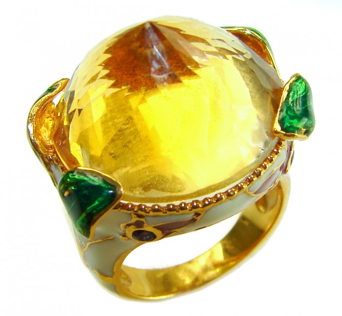 Natural 27.2 carat Brazilian Citrine white enamel .925 Sterling Silver dipped in 22K Gold handmade Statement Ring size 6 1/2
