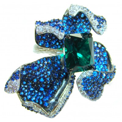 Wild Flower 55.2 carat authentic Colombian Emerald Sapphire.925 Sterling Silver handcrafted Statement Ring size 6 1/4