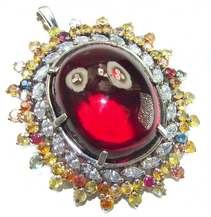 Oversized! Rare finding! Deluxe 67.2 carat authentic Red Topaz rhodium over .925 Sterling Silver handmade Statement Pendant