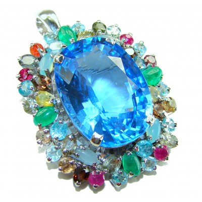 Oceania oval cut 32.8 carat Swiss Blue Topaz .925 Sterling Silver dipped in rhodium Handcrafted Pendant Brooch