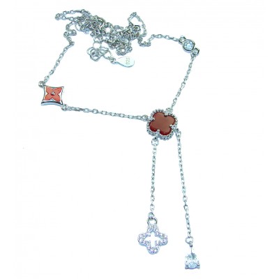 Outstanding 20 inches long Carnelian Lucky Four Leaf Clover .925 Sterling Silver necklace