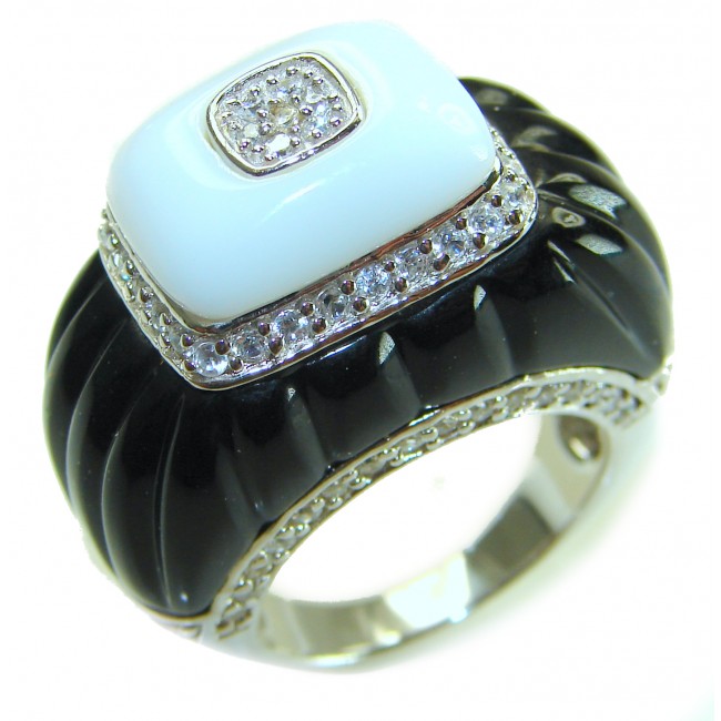 Divine Creation 10.5 carat Howlite black Enamel .925 Sterling Silver handcrafted LARGE Ring s. 7
