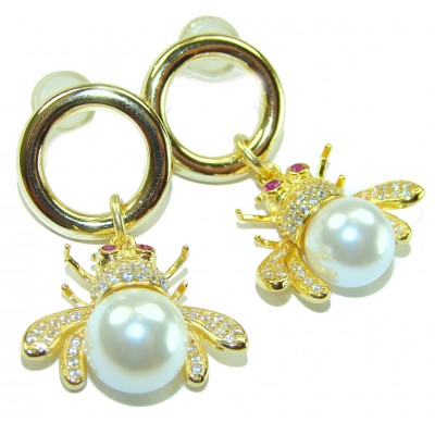 Precious Bees Genuine Pearl 14K Gold Gold over .925 Sterling Silver handcrafted Statement Earrings