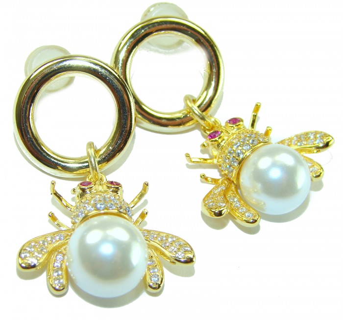 Precious Bees Genuine Pearl 14K Gold Gold over .925 Sterling Silver handcrafted Statement Earrings