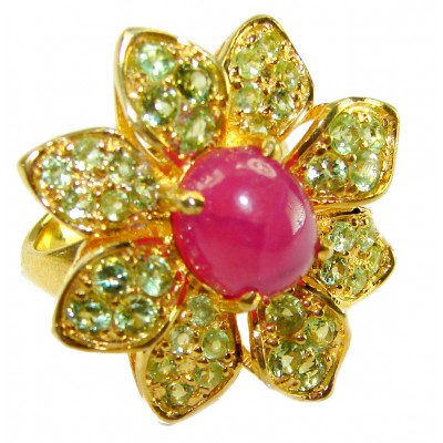 Enchanted Beauty 10.9 carat natural Kashmir Ruby Peridot 18K Gold over .925 Sterling Silver Huge handcrafted Ring s. 7 1/4