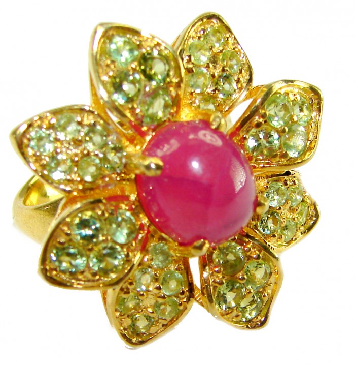 Enchanted Beauty 10.9 carat natural Kashmir Ruby Peridot 18K Gold over .925 Sterling Silver Huge handcrafted Ring s. 7 1/4