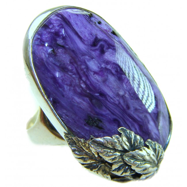 Large Natural Siberian Charoite .925 Sterling Silver handcrafted Large ring size 8 adjustable