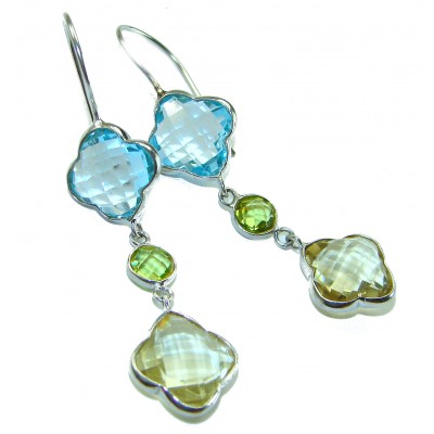 Clover 15.7 carat Swiss Blue Topaz Green Amethyst .925 Sterling Silver Statement earrings