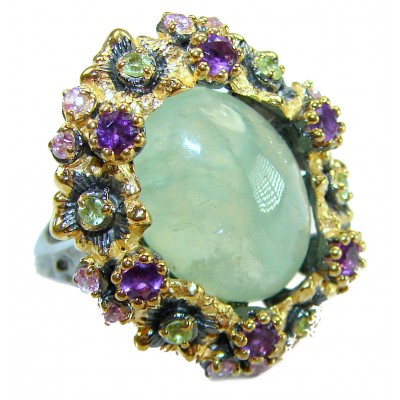 Vintage Style Best quality 22.8 carat Prehnite 2 tones .925 Sterling Silver handcrafted Ring Size 7 1/4