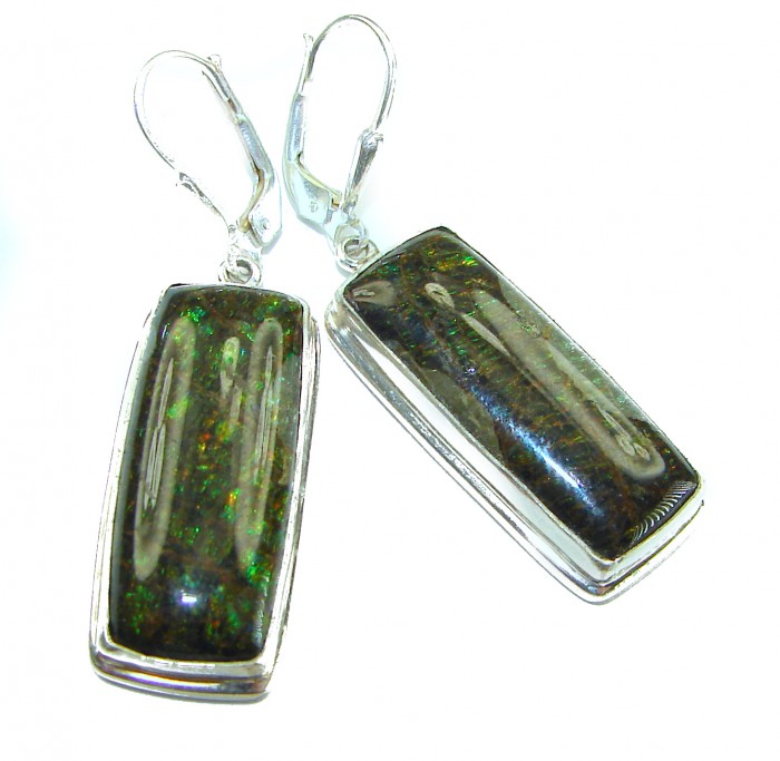 Green Aura Canadian Fire Ammolite .925 Sterling Silver handcrafted earrings
