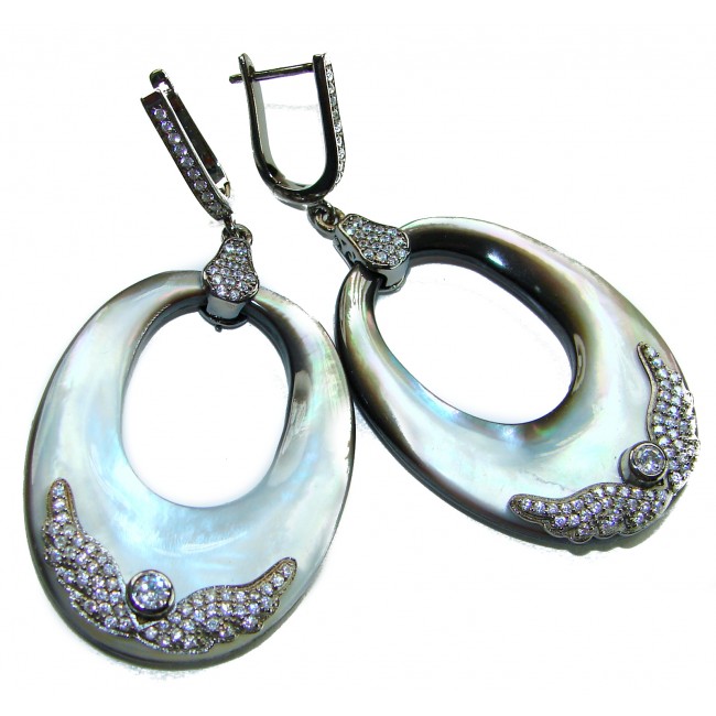 Vintage design Genuine Rainbow Abalone .925 Sterling Silver dipped in black rhodium handcrafted Large Statement Earrings