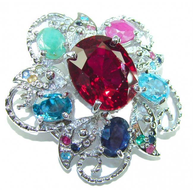 Rose Garden - Victorian style - 14.5 carat Authentic Ruby .925 Sterling Silver handcrafted Pendant Brooch