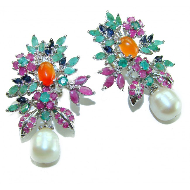 Giovanna - Genuine Pearl Oramge 4.6 carat Sapphire .925 Sterling Silver handcrafted Statement Earrings