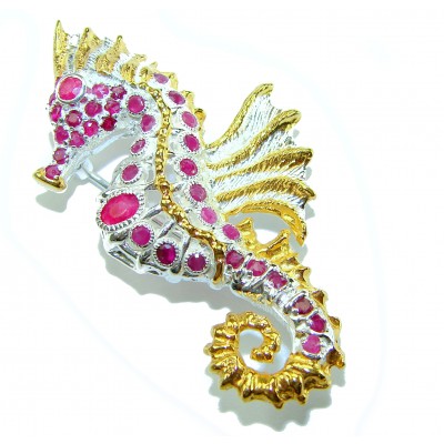 Seahorse Excellent quality 2.9 carat Ruby 18K Gold over .925 Sterling Silver handcrafted Pendant Brooch