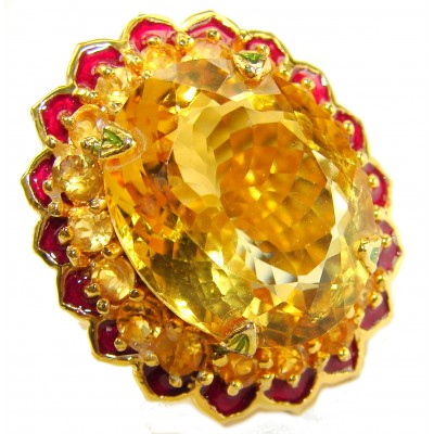 Gabriella 28.6 carat Lemon Quartz red enamel .925 Sterling Silver dipped in 22K Gold handcrafted Statement ring size 7 3/4