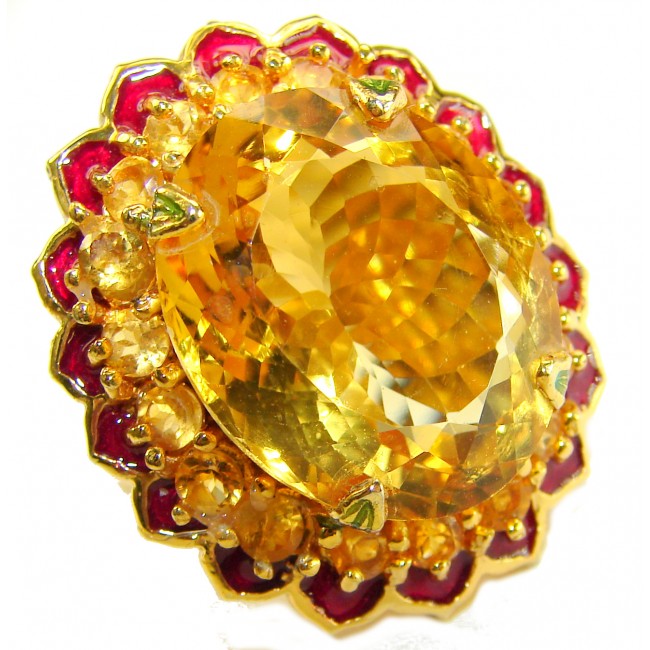 Gabriella 28.6 carat Lemon Quartz red enamel .925 Sterling Silver dipped in 22K Gold handcrafted Statement ring size 7 3/4