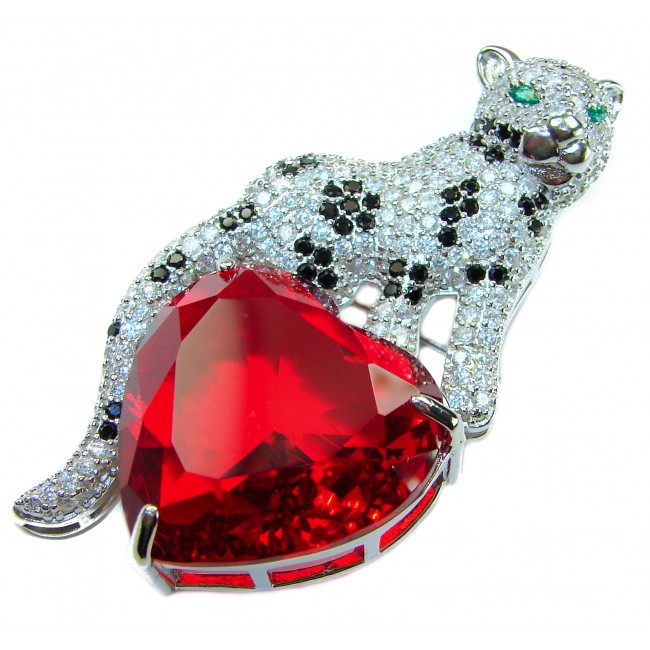 Passionate Love Cheetah authentic 42.5 carat Ruby .925 Sterling Silver Handcrafted pendant brooch