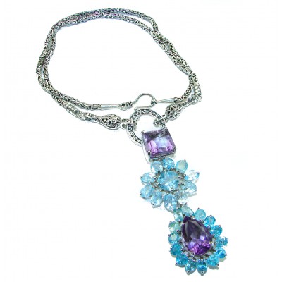 Mademoiselle - 78.5 carat natural Amethyst Swiss Blue Topaz .925 Sterling Silver dipped in Rhodium handcrafted Necklace