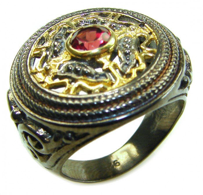 Natural 1.9 carat Magic Garnet black rhodium 14K Gold over .925 Sterling Silver handmade Large ring size 7 1/2