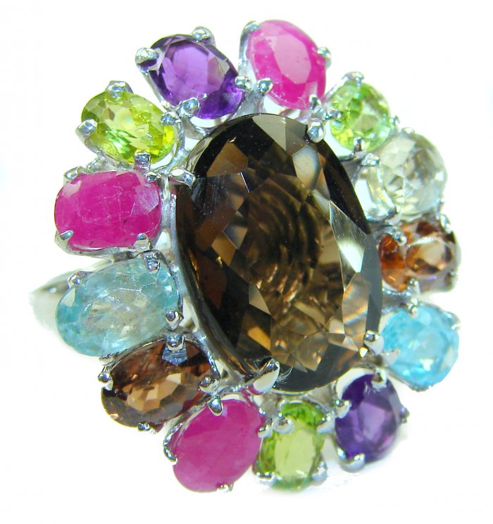 Serenity natural 28.5 carat Champagne Smoky Topaz .925 Sterling Silver HUGE Ring size 8 1/4 - video