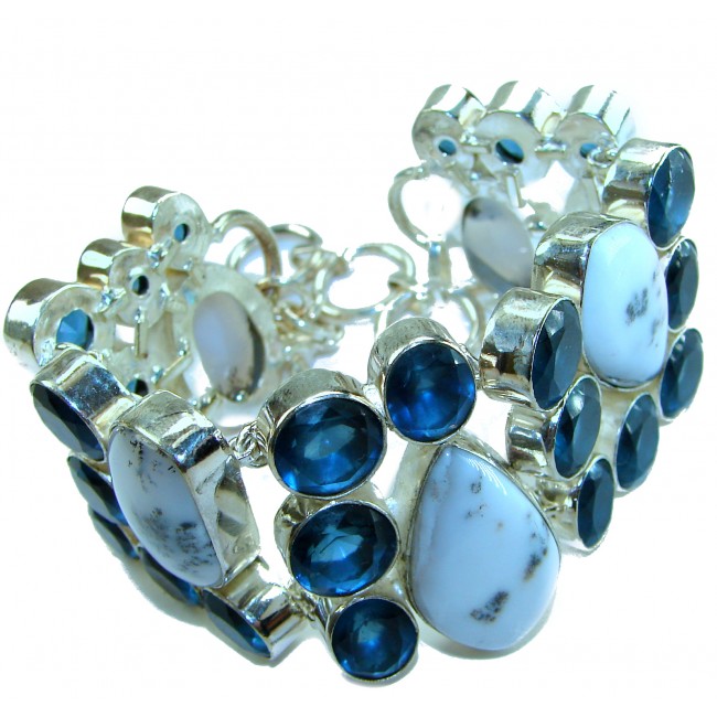 Very Unique natural White Dendritic Agate & Blue Topaz Sterling Silver Statement Bracelet
