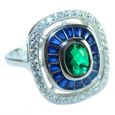 Art Deco 6.5 ctw Sapphire Emerald .925 Sterling Silver handcrafted Statement Ring size 9 1/4