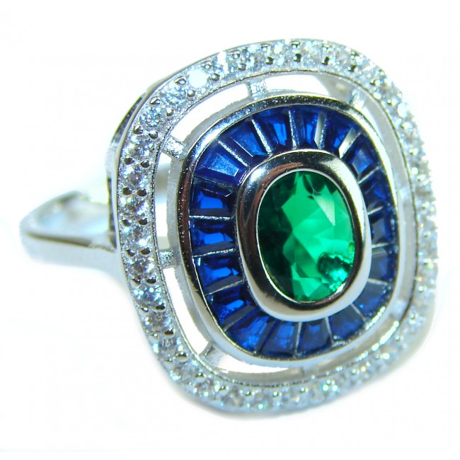 Art Deco 6.5 ctw Sapphire Emerald .925 Sterling Silver handcrafted Statement Ring size 9 1/4
