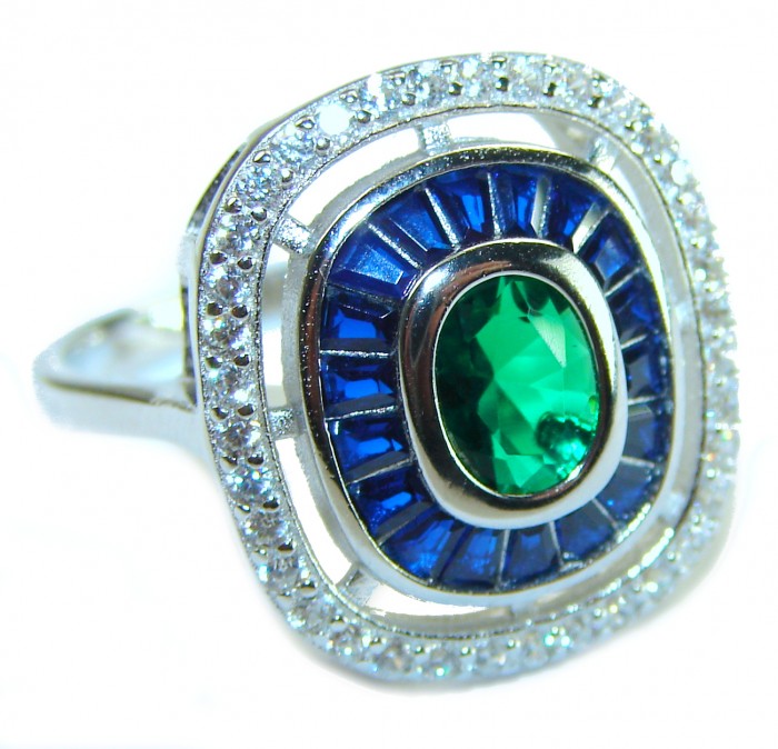 Art Deco 6.5 ctw Sapphire Emerald .925 Sterling Silver handcrafted Statement Ring size 9 1/4