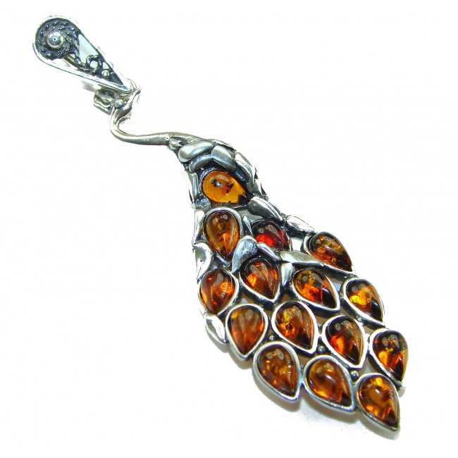 2 3/4 inches! Peacock Prehistoric Authentic Baltic Amber .925 Sterling Silver beautifully handcrafted Pendant
