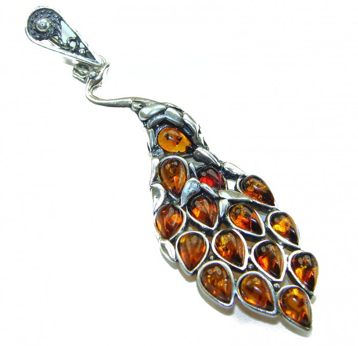 2 3/4 inches! Peacock Prehistoric Authentic Baltic Amber .925 Sterling Silver beautifully handcrafted Pendant