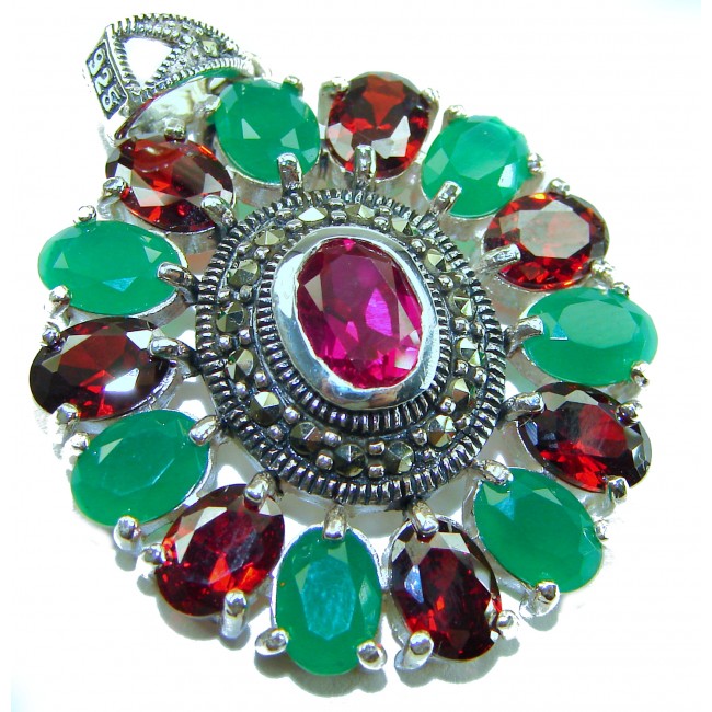 Giovanna 22.2 carat authentic Ruby Emerald Marcasite .925 Sterling Silver handmade Pendant