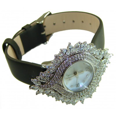 Precious 22.5 carat Authentic White Topaz Genuine Leather strap .925 Sterling Silver handmade Watch