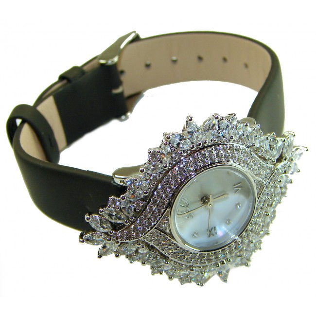 Precious 22.5 carat Authentic White Topaz Genuine Leather strap .925 Sterling Silver handmade Watch