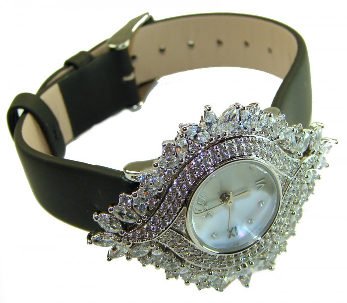 Precious 22.5 carat Authentic White Topaz Genuine Leather strap .925 Sterling Silver handmade Watch - video