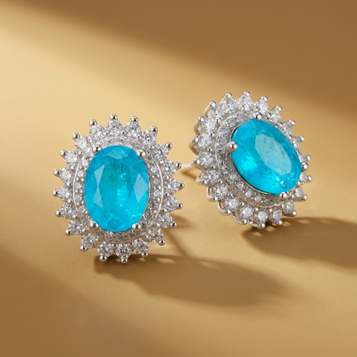 Royalty oval cut 4.2 carat Paraiba Tourmaline .925 Sterling Silver entirely handmade earrings