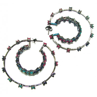 Extravaganza authentic 18.5 carat Pink Tourmaline black rhodium over .925 Sterling Silver Handcrafted Large Hoop Earrings