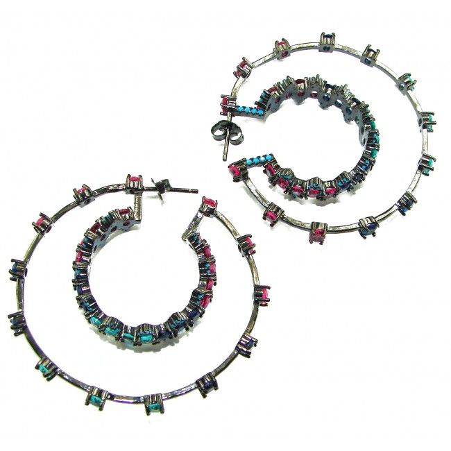 Extravaganza authentic 18.5 carat Pink Tourmaline black rhodium over .925 Sterling Silver Handcrafted Large Hoop Earrings