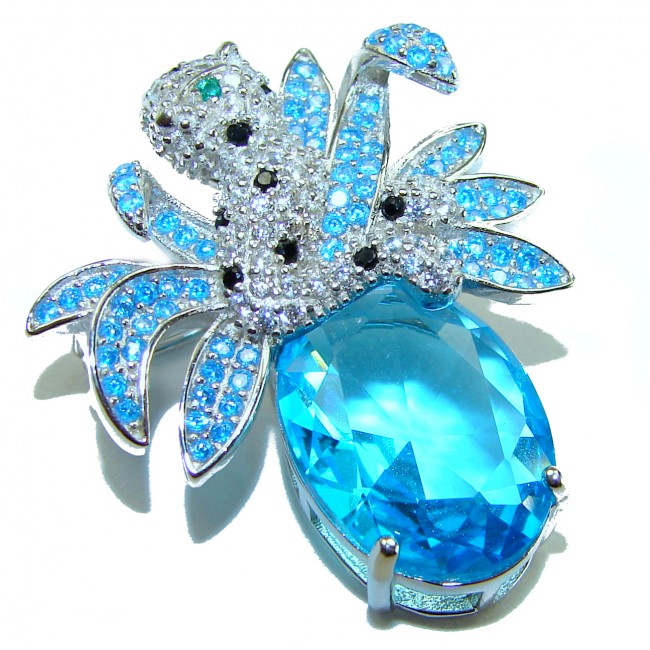 Blue Cheetah authentic 12.5 carat Swiss Blue Topaz .925 Sterling Silver Handcrafted pendant brooch