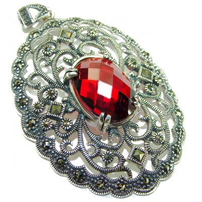 Mesmerizing Vintage Style Genuine 11.5 carat Ruby Marcasite .925 Sterling Silver handmade Pendant