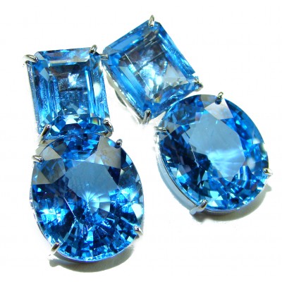 Atlantica 42.7 carat Swiss Blue Topaz 2 tones .925 Sterling Silver Handcrafted Statement earrings