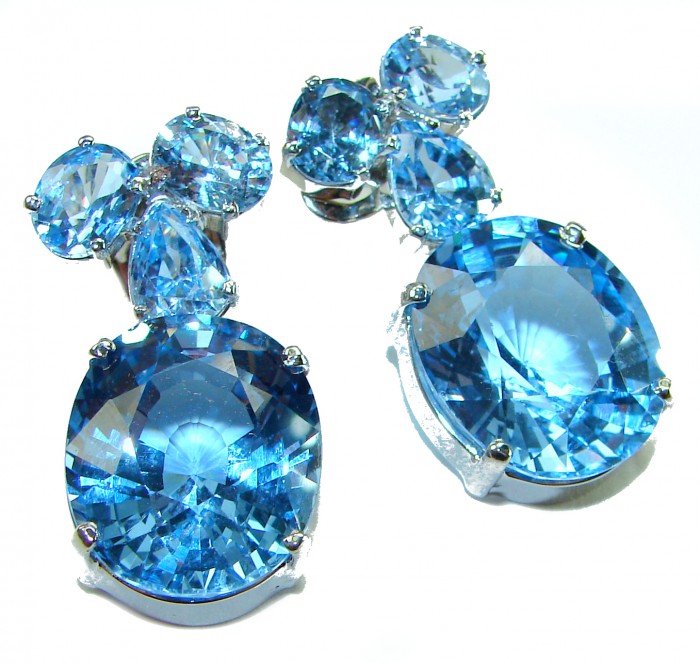 Pure Serenity 45.5 carat genuine Swiss Blue Topaz .925 Sterling Silver handmade Large Statement earrings