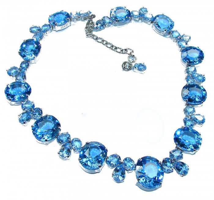 Pure Serenity 225.5 carat genuine Swiss Blue Topaz .925 Sterling Silver handmade Large Statement Necklace; 132.95 grams