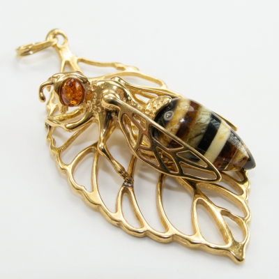Large Golden Bee mosaic Baltic Polish Amber .925 Sterling Silver dipped in 18K Gold handcrafted Pendant