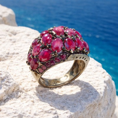 Bella Rosa Genuine 22.8 carat Ruby .925 Sterling Silver dipped in black rhodium Statement Ring size 9