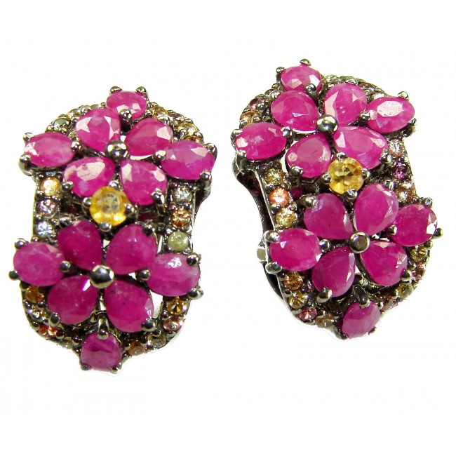 Bella Rosa Genuine 22.8 carat Ruby .925 Sterling Silver dipped in black rhodium Statement brilliantly handcrafted earrings