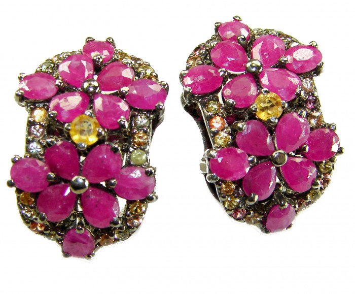 Bella Rosa Genuine 22.8 carat Ruby .925 Sterling Silver dipped in black rhodium Statement brilliantly handcrafted earrings