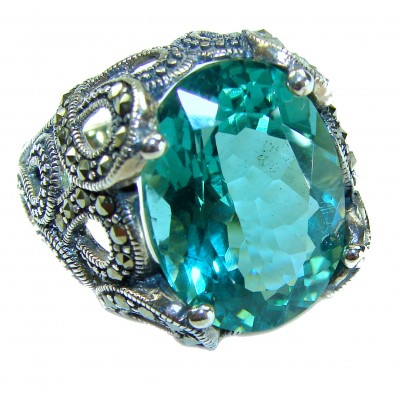 Massive Deep Blue 37.8 carat Aquamarine .925 Sterling Silver handcrafted Large ring size 7