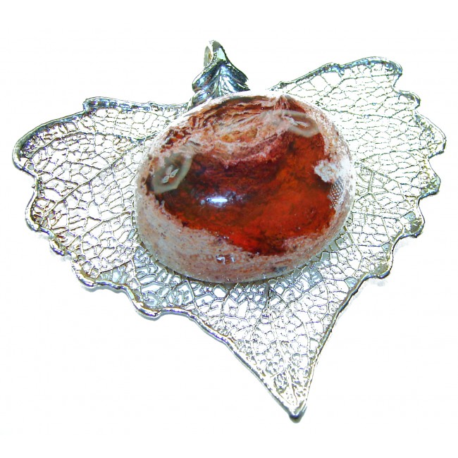 Rain Drop REAL Leaf dipped in Sterling Silver and 25.5 carat Mexican Opal & .925 Sterling Silver Pendant